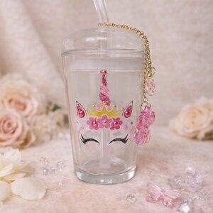 Handmade Unicorn Tumbler with Charms – Glitter Horn & Floral Crown